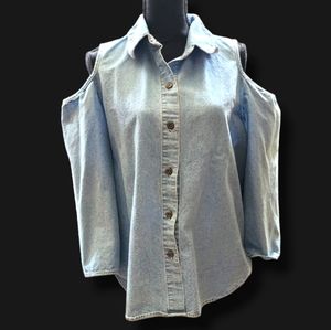 Chorus Blues Long Sleeve Denim Cold Shoulder Button-down Top